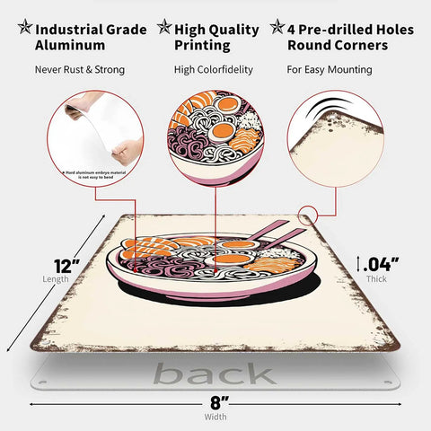 Vintage Ramen Bowl Metal Sign Tin Wall Art 8x12 Inches Japanese Style with dimensions and features highlighted