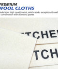 Close-up of 4 Pack Pro Grade Wool Polishing Cloths for Buffing and Lapping 6 Inch by 4 Inch by 1.55mm with text on surface