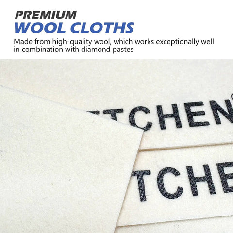 Close-up of 4 Pack Pro Grade Wool Polishing Cloths for Buffing and Lapping 6 Inch by 4 Inch by 1.55mm with text on surface