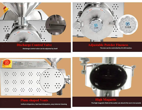 Collage of 3.3Kw Commercial Stainless Steel Grain Grinder Mill features including valves, powder fineness control, vents, and magnetic outlet.