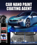 Car Nano Paint Coating Agent bottle next to a blue car, with split screen showing uncoated and coated results on car hood.