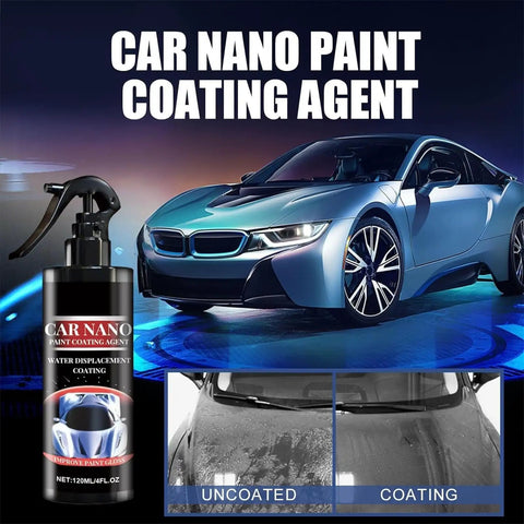 Car Nano Paint Coating Agent bottle next to a blue car, with split screen showing uncoated and coated results on car hood.