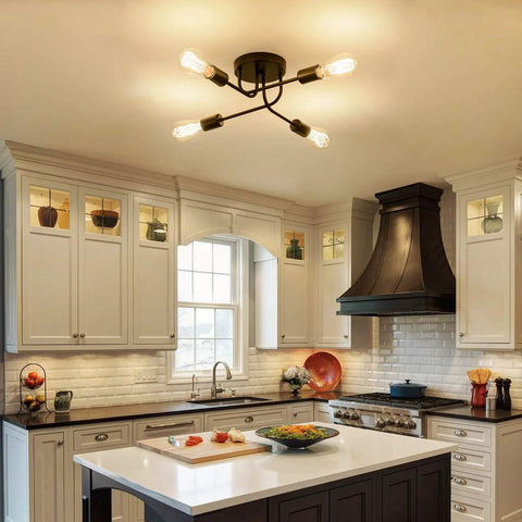 Industrial Semi Flush Mount Four Light Ceiling Fixture With Adjustable Black Metal Branches, E26 Base in modern kitchen