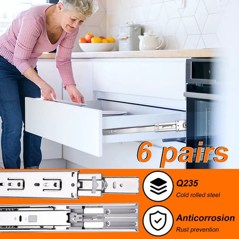10 Inch Soft Close Drawer Slides 6 Pairs Full Extension Ball Bearing Cabinet Glides 100 Lb shown in kitchen with a woman using a drawer.