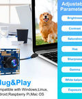 Rock Solid 1080P USB Security Camera Module With Wide Angle Lens And Killer Low Light Setup Smooth 30FPS connected to laptop, showing adjustable features.