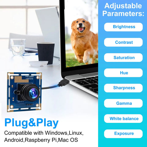 Rock Solid 1080P USB Security Camera Module With Wide Angle Lens And Killer Low Light Setup Smooth 30FPS connected to laptop, showing adjustable features.