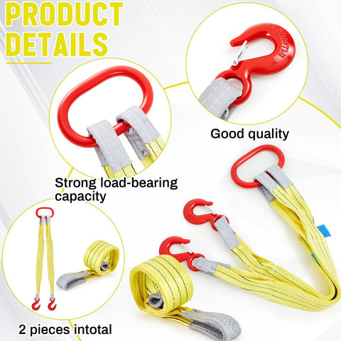 Heavy Duty 2 Piece Web Sling Set With Two Leg Bridle Straps And Twist Eye Lift Hooks For Hoists Cranes Trucks Tow Jobs And Tree Stump Lifts For Multi Point Load Control, 13227 Lbs Load Capacity, Yellow, showing product details and components