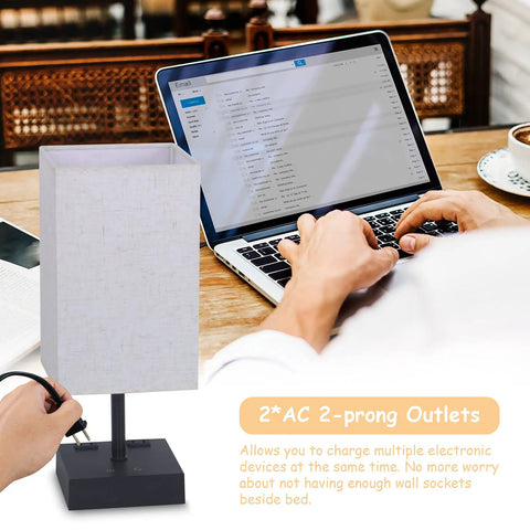 Three Color Touch Table Lamp With Dimmable Brightness And 2700K 4000K 5000K Color Temperature USB Ports And AC Outlets Black Base Beige Shade