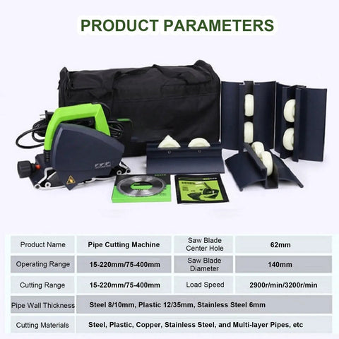 Automatic Pipe Cutting Machine Electric 1000W 1750W High Torque 3200 RPM Pipe Cutter For Stainless Steel Copper Brass PVC Iron Tubes Model 400 Pro Grade Heavy Duty Cutter For Home Shop And Jobsite with cutting accessories and black bag.