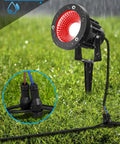 Fastlock Outdoor Low Voltage Landscape Light Connectors 16 Pack with red spotlight on grass, water-resistant feature
