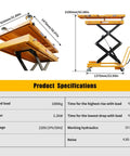 2600 lbs Heavy Duty Electric Scissor Lift Table With Smooth Hydraulic Operation And Quick Tilt Adjustments; side view with dimensions and specs.