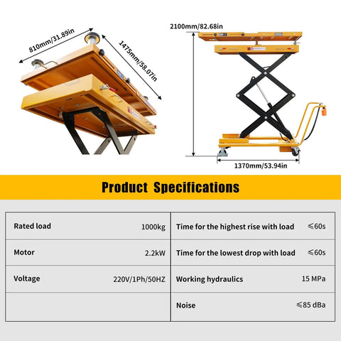 2600 lbs Heavy Duty Electric Scissor Lift Table With Smooth Hydraulic Operation And Quick Tilt Adjustments; side view with dimensions and specs.