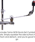 Chrome Cymbal Clamp With Adjustable Boom Arm Featuring Fastclamp System And Quick Tilter Fits Standard Drum Pipes on a drum stand.