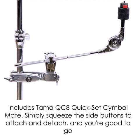 Chrome Cymbal Clamp With Adjustable Boom Arm Featuring Fastclamp System And Quick Tilter Fits Standard Drum Pipes on a drum stand.