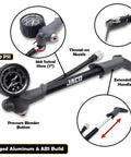 ShockPro MTB Shock Pump With 300 PSI High Pressure Gauge featuring rugged aluminum with hose and pressure bleeder button details.