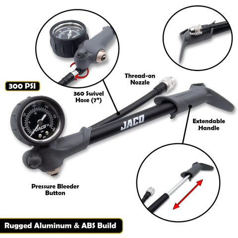 ShockPro MTB Shock Pump With 300 PSI High Pressure Gauge featuring rugged aluminum with hose and pressure bleeder button details.