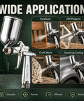 Pro Grade Spray Gun for DIY Painting Projects with 150ml cup, aluminum body, showcasing various applications like furniture and crafts.