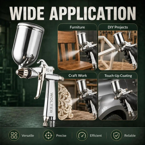 Pro Grade Spray Gun for DIY Painting Projects with 150ml cup, aluminum body, showcasing various applications like furniture and crafts.