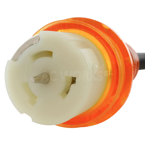 Close-up of CS6364 connector of L14-30P to CS6364 50A Locking Plug Transfer Adapter With 10ft SOOW Cable, Heavy Duty Power Cord