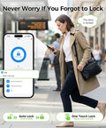 Secure Your Pad With This Beefed-Up Smart Lock And Keypad Handle showing smartphone with locking options and a user walking outside.