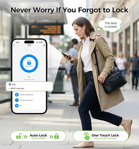 Secure Your Pad With This Beefed-Up Smart Lock And Keypad Handle showing smartphone with locking options and a user walking outside.