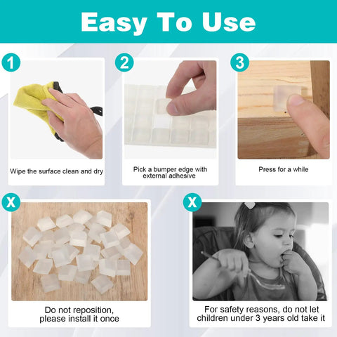Instructions for Thirty Two Piece Clear Rubber Bumpers Super Sticky Self Adhesive Pad application and safety guidelines.
