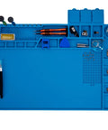 Blue Magnetic Soldering Work Mat Pro Grade Large Heat Resistant Silicone Repair Pad Up To 932F with tools and parts.