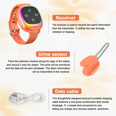 Wireless Bedwetting Alarm for Kids and Teens, Stop Bedwetting Fast With Easy Clip Transmitter, Ultra Sensitive Moisture Sensor, Bedside Receiver, Pediatric Overnight Training Aid for Boys and Girls, orange receiver and sensor set with USB cable