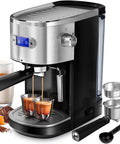 Top Shelf Commercial Espresso Machine With 20 Bar Pump And Smart Pre Infusion Silky Milk Frothing Steam Wand Compact Counter Friendly Build on display with espresso shots.