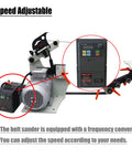 Workhorse Variable Speed Belt Sander And Knife Grinder With Wheel And Flat Platen Tool Rest for speed adjustment feature.