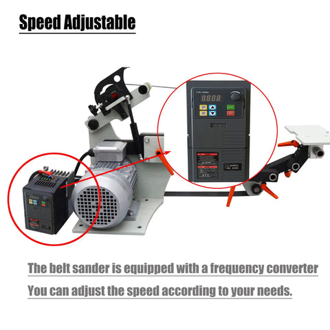 Workhorse Variable Speed Belt Sander And Knife Grinder With Wheel And Flat Platen Tool Rest for speed adjustment feature.