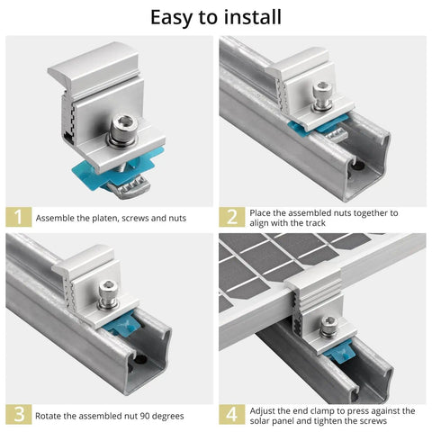Step-by-step installation of 10 Pcs Adjustable Solar Panel End Clamp For Unistrut, 30-50mm Aluminum Mounting Brackets with nuts, bolts, and wrench