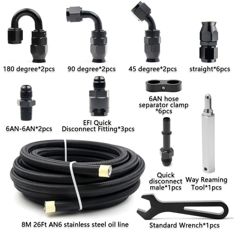 Pro Grade 26 Ft AN6 PTFE Fuel Line Kit With Nylon Stainless Braided Hose For LS Swap EFI E85 and tools displayed on white background