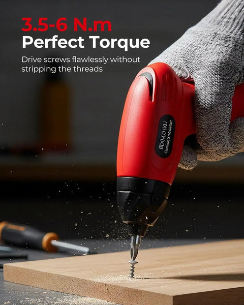 Compact 3.6V Cordless Screwdriver Kit With 50 Piece Bit Set Rechargeable 6 Nm Torque TypeC Fast Charging In 1.5 Hours Lightweight Workhorse Power Tool For Furniture Assembly And Home DIY Red, driving a screw into wood