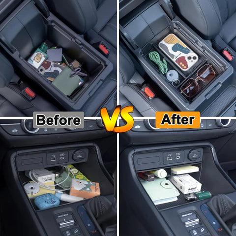 Comparison of Honda CR-V 2023-2026 center console with and without 3-Piece Center Console Organizer Set for optimal storage
