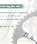 Close-up of Beefed Up Bike Crankset And Arm 46T Steel Chainring showing chainring details and benefits, silvery finish for MTB bikes.