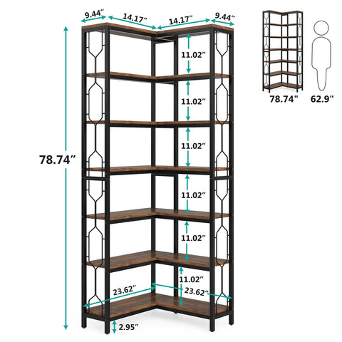 Seven Tier Corner Shelf Industrial Bookcase Crafted Tough To Clear The Decks Of Clutter While Holding Down All Your Gear And Keeping Every Nook Looking Sharp And Tidy, showcasing dimensions and design.