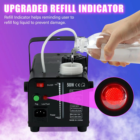500W Fog Machine With 9 LED Lights And 12 Color Effects showing refill indicator and fog liquid being poured