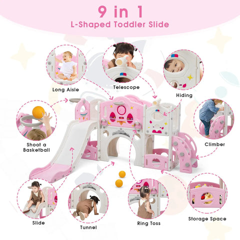 Diagram of Toddler Slide And Climber Playset For Backyards Or Indoors A 9 In 1 Freestanding Kids Playground showing features