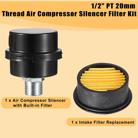 1/2 PT 20mm air compressor silencer with built-in filter and intake filter replacement, metal noise muffler kit for oil-free compressors