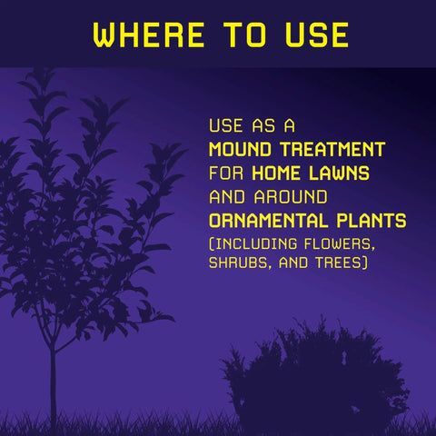 Silhouette of ornamental plants with text describing Fire Ant Mound Blitz Fire Ant Killer usage for lawns and gardens.