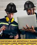Workers wearing 10 Pack Full Brim Hard Hats For Construction Worksites Boss Level Protection With 6 Point Adjustable Ratchet Suspension