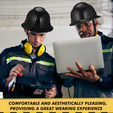 Workers wearing 10 Pack Full Brim Hard Hats For Construction Worksites Boss Level Protection With 6 Point Adjustable Ratchet Suspension