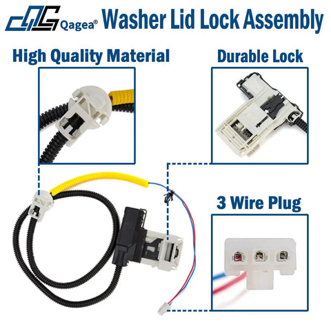 Lid Lock Assembly For Washing Machine 3 Wire Replacement Fits Whirlpool Maytag Amana Kenmore Crosley, showing wire and plug detail.