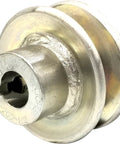 Close-up of heavy duty half inch bore V-belt pulley, two inch outside diameter, three quarter inch wide, fits 4L and 4A belts.