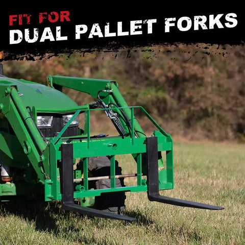 Heavy Duty Forklift Trailer Hitch Attachment With Dual 2 Inch Receiver crafted from rugged steel, fitted for dual pallet forks in a field.