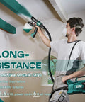 Person using Pro Home Paint Sprayer HVLP Electric Gun with 6ft Hose, spraying ceiling for long-distance work.