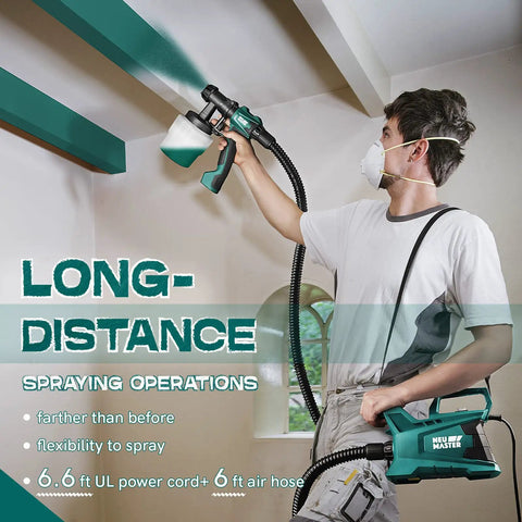 Person using Pro Home Paint Sprayer HVLP Electric Gun with 6ft Hose, spraying ceiling for long-distance work.