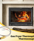 Thermopile and thermocouple coil with dual fork terminals and brass connector beside a lit gas fireplace.