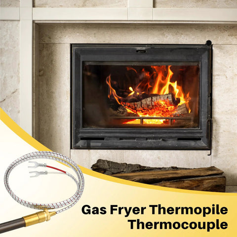 Thermopile and thermocouple coil with dual fork terminals and brass connector beside a lit gas fireplace.